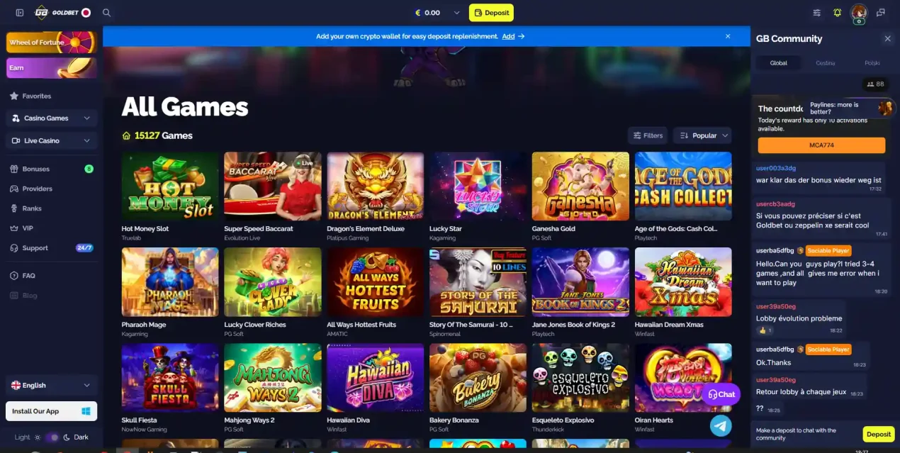 Current Goldbet casino games interface