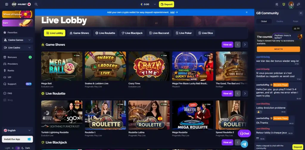 Goldbet live-casino lobby shown as a current branded interface