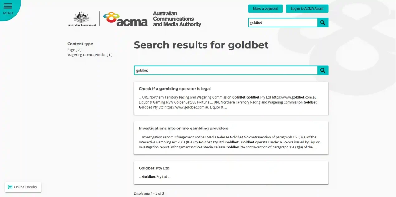 ACMA licensed-provider register entry for the separate Australian GoldBet operator