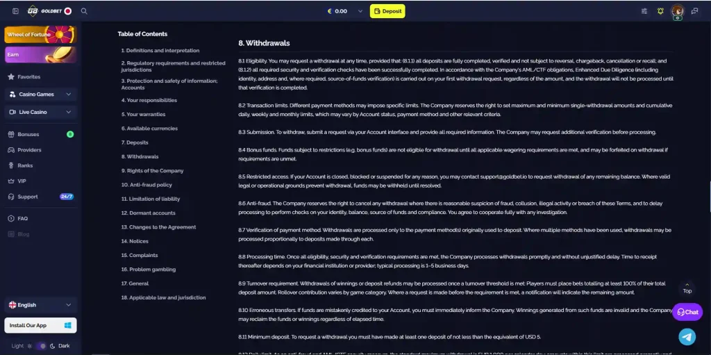 Goldbet terms section covering withdrawal eligibility and verification