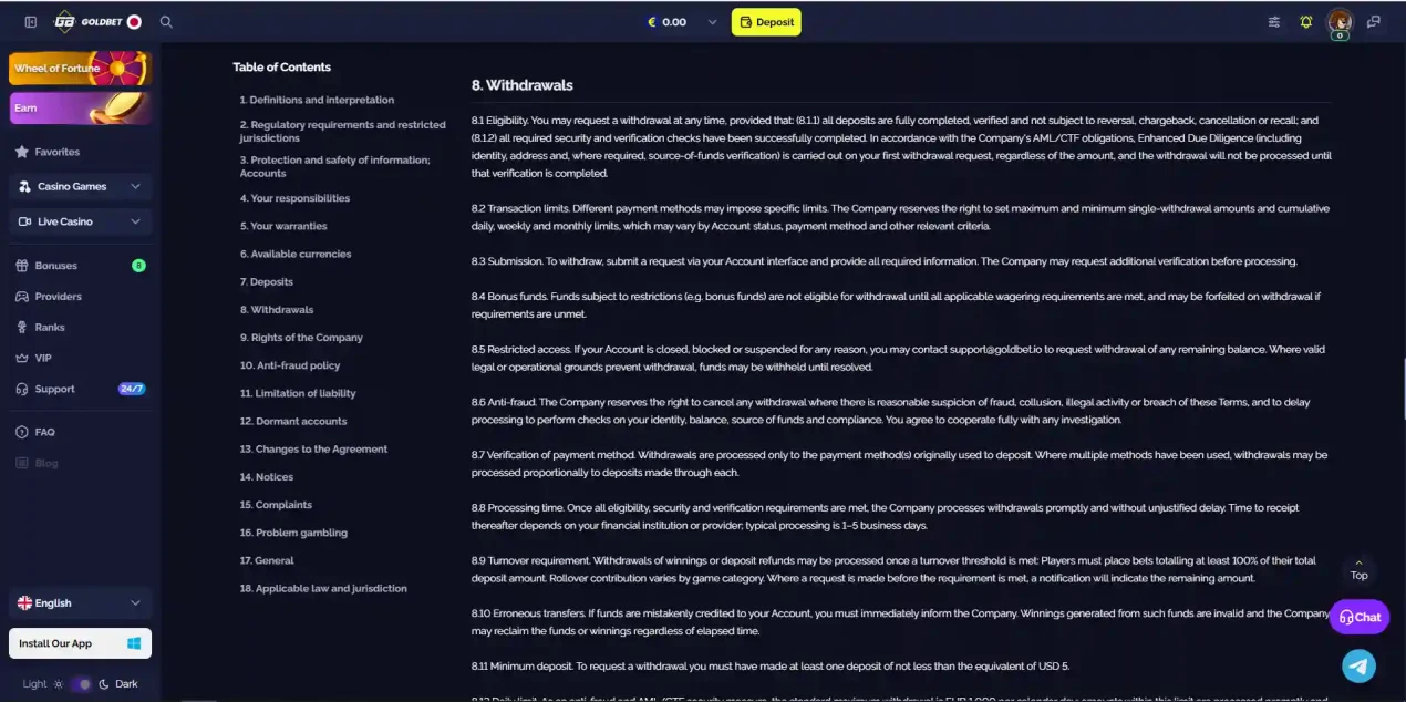 Goldbet terms section covering withdrawal eligibility and verification